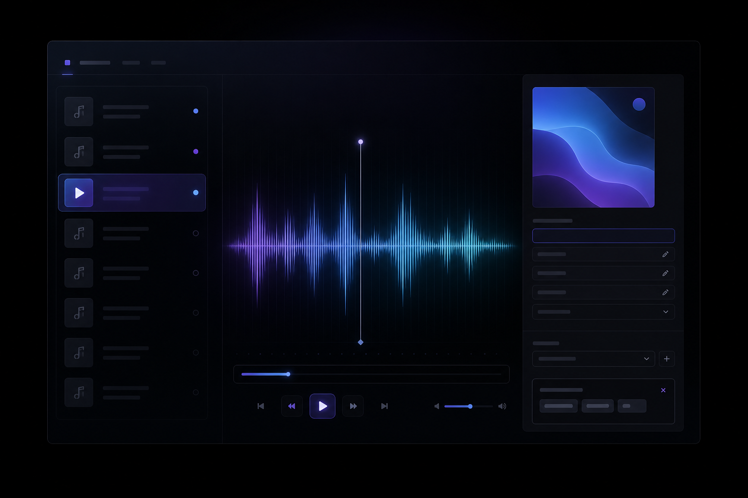 A dark EchoTag review interface with a track list, waveform player, artwork, and editable metadata fields.