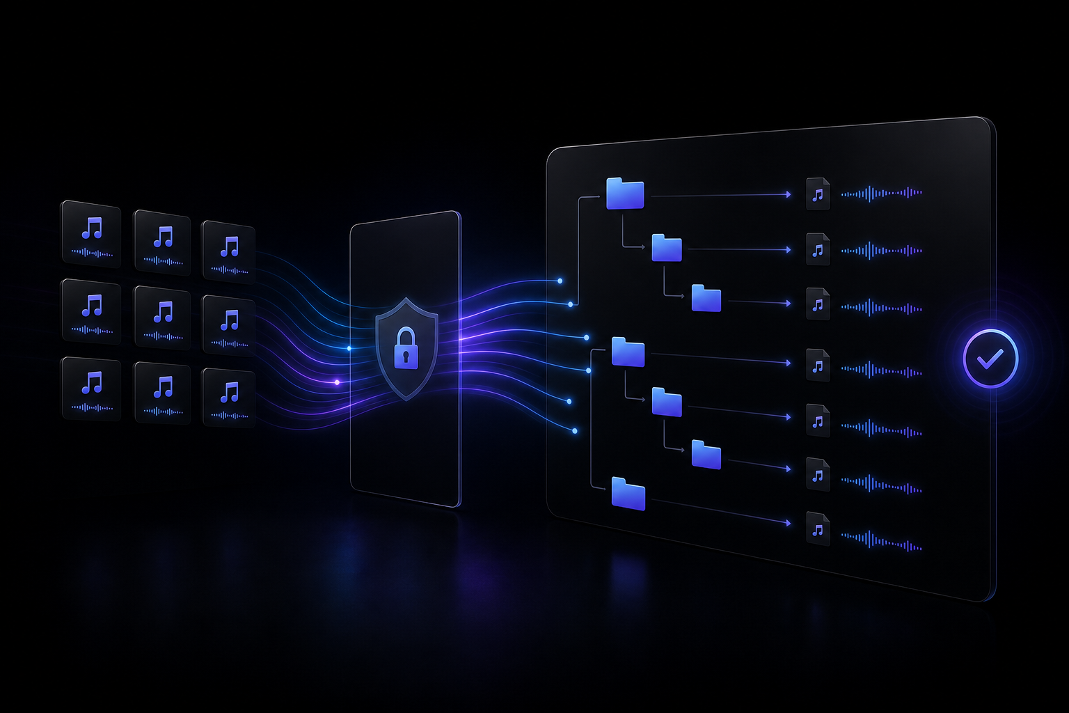 A dark EchoTag export scene showing audio files flowing into an organized folder hierarchy while a protected source remains separate.